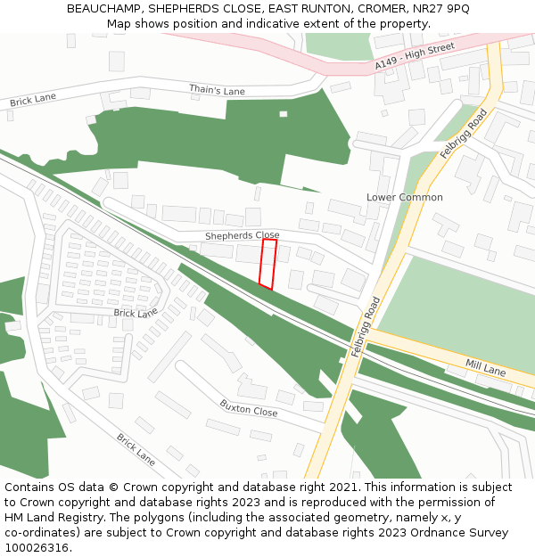 BEAUCHAMP, SHEPHERDS CLOSE, EAST RUNTON, CROMER, NR27 9PQ: Location map and indicative extent of plot