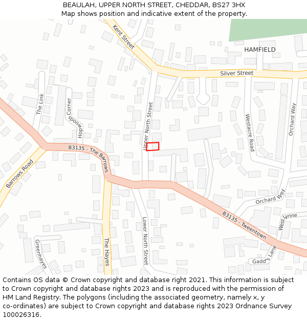 BEAULAH, UPPER NORTH STREET, CHEDDAR, BS27 3HX: Location map and indicative extent of plot