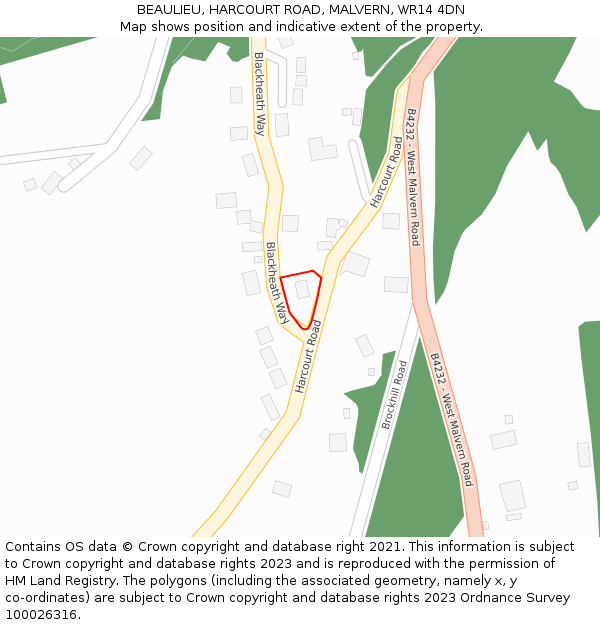 BEAULIEU, HARCOURT ROAD, MALVERN, WR14 4DN: Location map and indicative extent of plot
