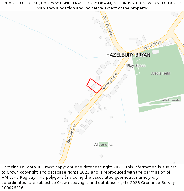 BEAULIEU HOUSE, PARTWAY LANE, HAZELBURY BRYAN, STURMINSTER NEWTON, DT10 2DP: Location map and indicative extent of plot