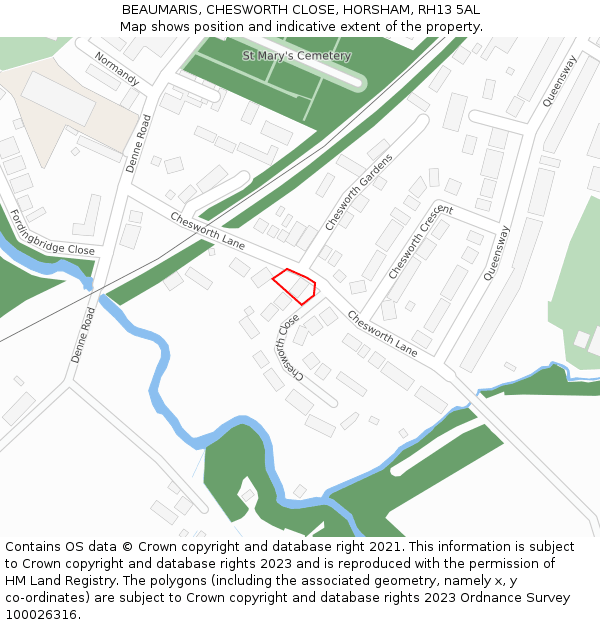 BEAUMARIS, CHESWORTH CLOSE, HORSHAM, RH13 5AL: Location map and indicative extent of plot