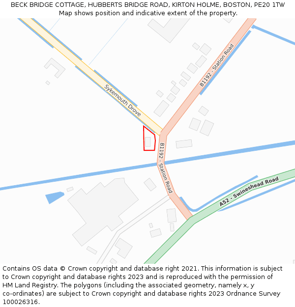 BECK BRIDGE COTTAGE, HUBBERTS BRIDGE ROAD, KIRTON HOLME, BOSTON, PE20 1TW: Location map and indicative extent of plot