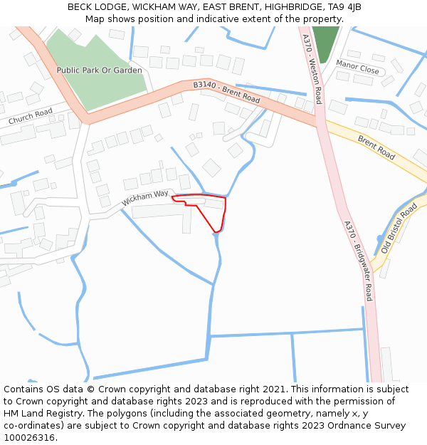 BECK LODGE, WICKHAM WAY, EAST BRENT, HIGHBRIDGE, TA9 4JB: Location map and indicative extent of plot