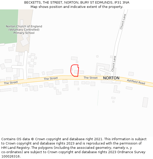 BECKETTS, THE STREET, NORTON, BURY ST EDMUNDS, IP31 3NA: Location map and indicative extent of plot