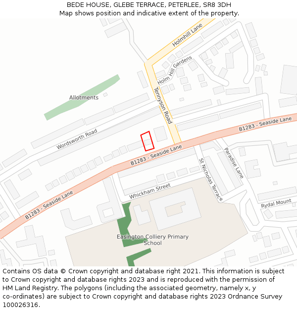 BEDE HOUSE, GLEBE TERRACE, PETERLEE, SR8 3DH: Location map and indicative extent of plot