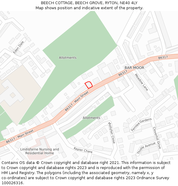 BEECH COTTAGE, BEECH GROVE, RYTON, NE40 4LY: Location map and indicative extent of plot