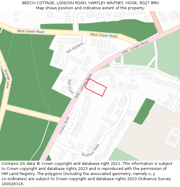 BEECH COTTAGE, LONDON ROAD, HARTLEY WINTNEY, HOOK, RG27 8RN: Location map and indicative extent of plot