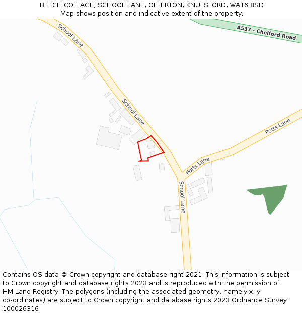 BEECH COTTAGE, SCHOOL LANE, OLLERTON, KNUTSFORD, WA16 8SD: Location map and indicative extent of plot