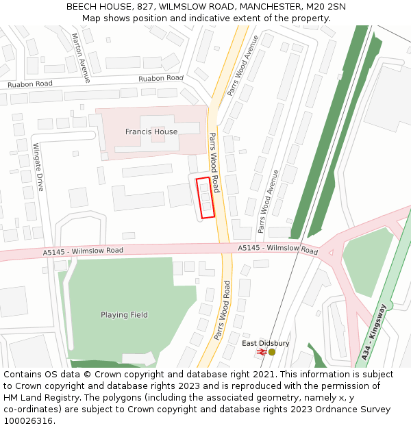 BEECH HOUSE, 827, WILMSLOW ROAD, MANCHESTER, M20 2SN: Location map and indicative extent of plot