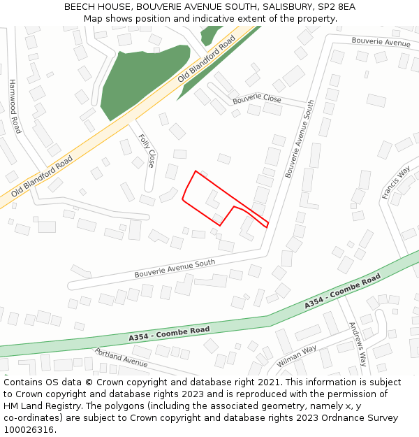 BEECH HOUSE, BOUVERIE AVENUE SOUTH, SALISBURY, SP2 8EA: Location map and indicative extent of plot