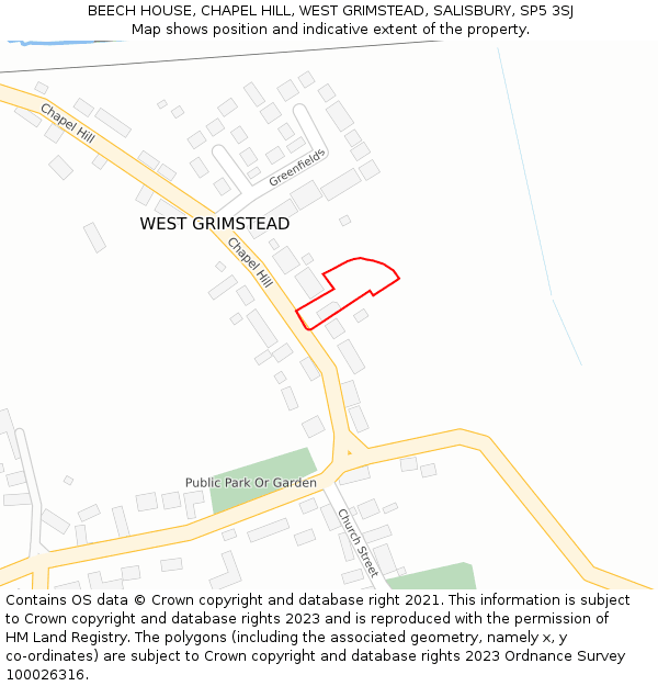 BEECH HOUSE, CHAPEL HILL, WEST GRIMSTEAD, SALISBURY, SP5 3SJ: Location map and indicative extent of plot
