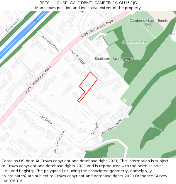 BEECH HOUSE, GOLF DRIVE, CAMBERLEY, GU15 1JG: Location map and indicative extent of plot