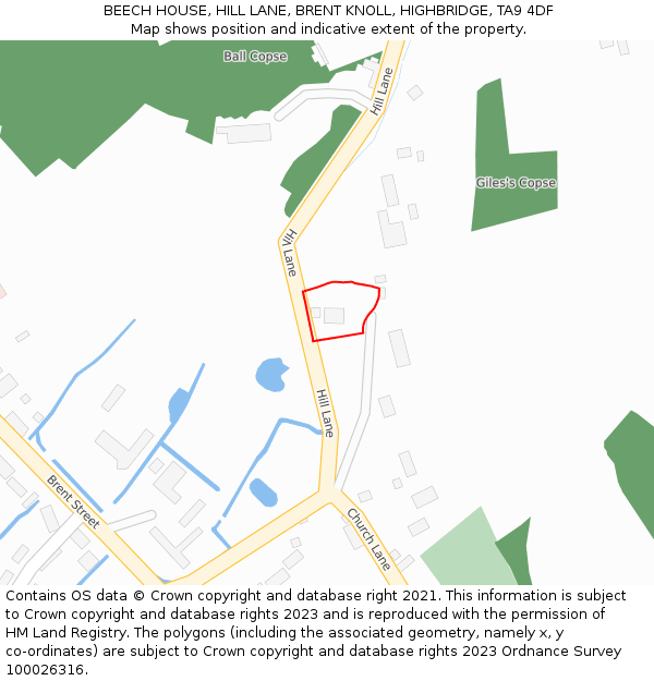BEECH HOUSE, HILL LANE, BRENT KNOLL, HIGHBRIDGE, TA9 4DF: Location map and indicative extent of plot