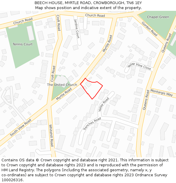 BEECH HOUSE, MYRTLE ROAD, CROWBOROUGH, TN6 1EY: Location map and indicative extent of plot