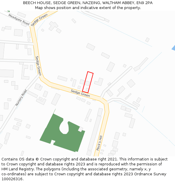 BEECH HOUSE, SEDGE GREEN, NAZEING, WALTHAM ABBEY, EN9 2PA: Location map and indicative extent of plot