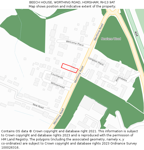 BEECH HOUSE, WORTHING ROAD, HORSHAM, RH13 9AT: Location map and indicative extent of plot