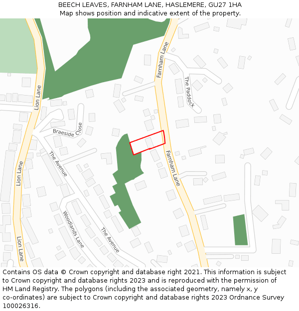 BEECH LEAVES, FARNHAM LANE, HASLEMERE, GU27 1HA: Location map and indicative extent of plot
