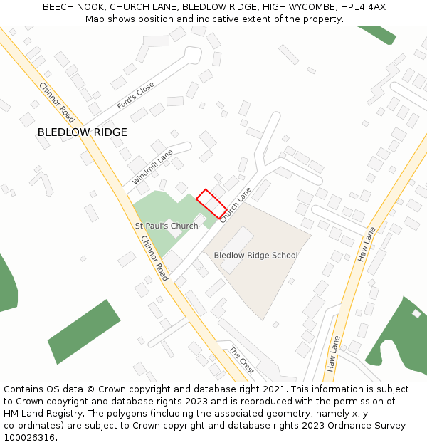 BEECH NOOK, CHURCH LANE, BLEDLOW RIDGE, HIGH WYCOMBE, HP14 4AX: Location map and indicative extent of plot