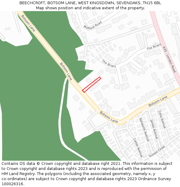 BEECHCROFT, BOTSOM LANE, WEST KINGSDOWN, SEVENOAKS, TN15 6BL: Location map and indicative extent of plot