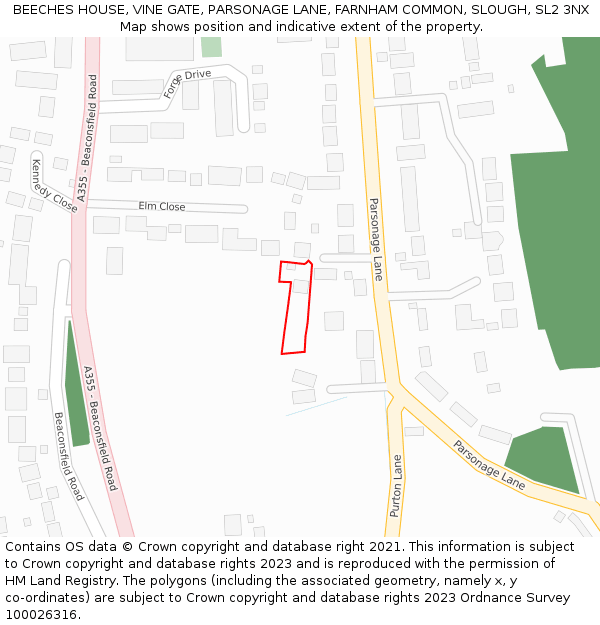 BEECHES HOUSE, VINE GATE, PARSONAGE LANE, FARNHAM COMMON, SLOUGH, SL2 3NX: Location map and indicative extent of plot