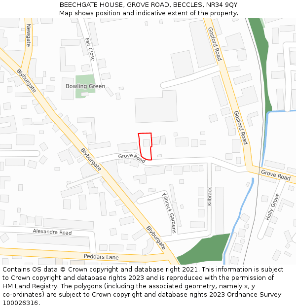 BEECHGATE HOUSE, GROVE ROAD, BECCLES, NR34 9QY: Location map and indicative extent of plot