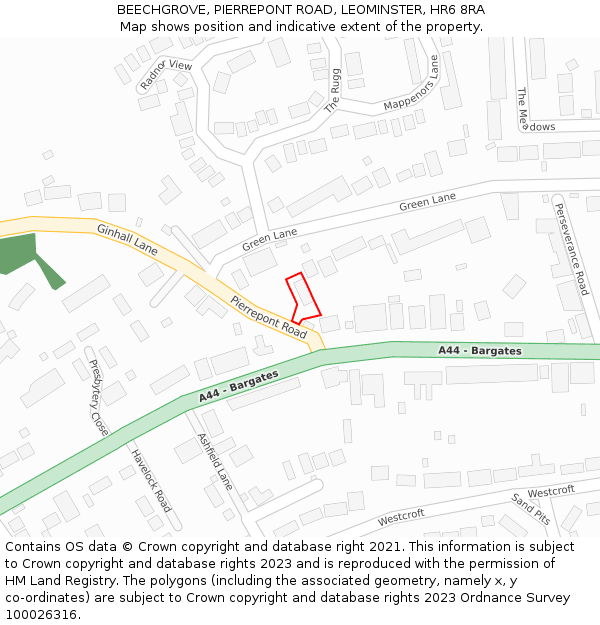 BEECHGROVE, PIERREPONT ROAD, LEOMINSTER, HR6 8RA: Location map and indicative extent of plot