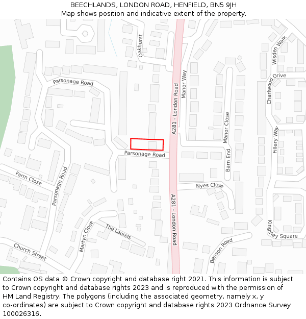 BEECHLANDS, LONDON ROAD, HENFIELD, BN5 9JH: Location map and indicative extent of plot