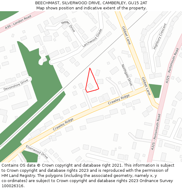 BEECHMAST, SILVERWOOD DRIVE, CAMBERLEY, GU15 2AT: Location map and indicative extent of plot