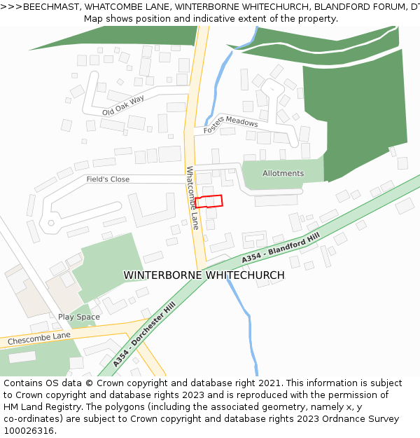 BEECHMAST, WHATCOMBE LANE, WINTERBORNE WHITECHURCH, BLANDFORD FORUM, DT11 0AG: Location map and indicative extent of plot