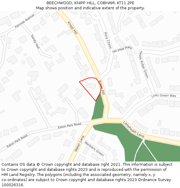 BEECHWOOD, KNIPP HILL, COBHAM, KT11 2PE: Location map and indicative extent of plot