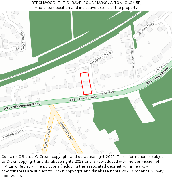 BEECHWOOD, THE SHRAVE, FOUR MARKS, ALTON, GU34 5BJ: Location map and indicative extent of plot