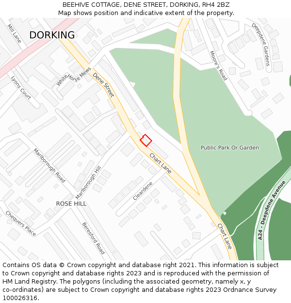 BEEHIVE COTTAGE, DENE STREET, DORKING, RH4 2BZ: Location map and indicative extent of plot