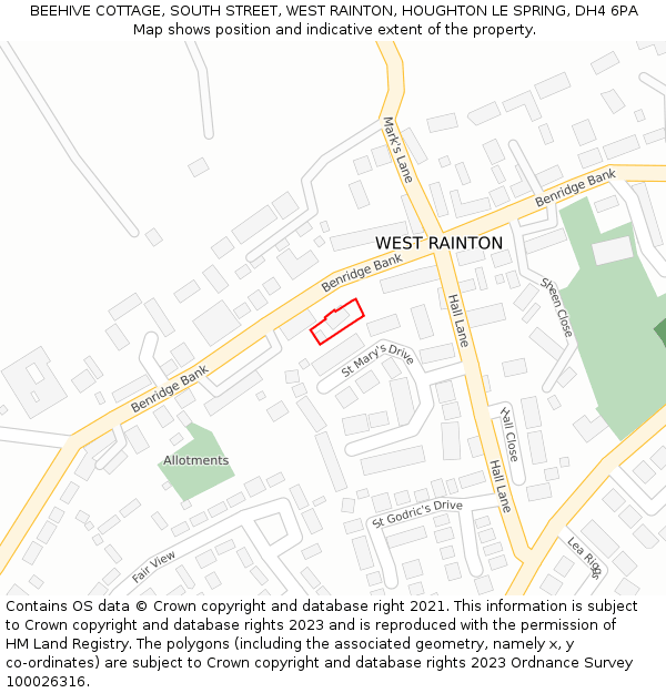 BEEHIVE COTTAGE, SOUTH STREET, WEST RAINTON, HOUGHTON LE SPRING, DH4 6PA: Location map and indicative extent of plot