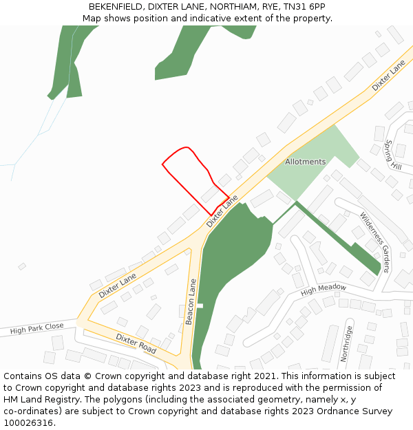 BEKENFIELD, DIXTER LANE, NORTHIAM, RYE, TN31 6PP: Location map and indicative extent of plot