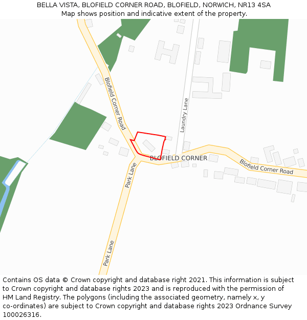 BELLA VISTA, BLOFIELD CORNER ROAD, BLOFIELD, NORWICH, NR13 4SA: Location map and indicative extent of plot