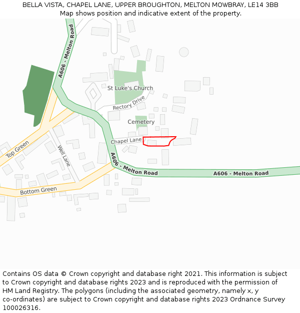 BELLA VISTA, CHAPEL LANE, UPPER BROUGHTON, MELTON MOWBRAY, LE14 3BB: Location map and indicative extent of plot