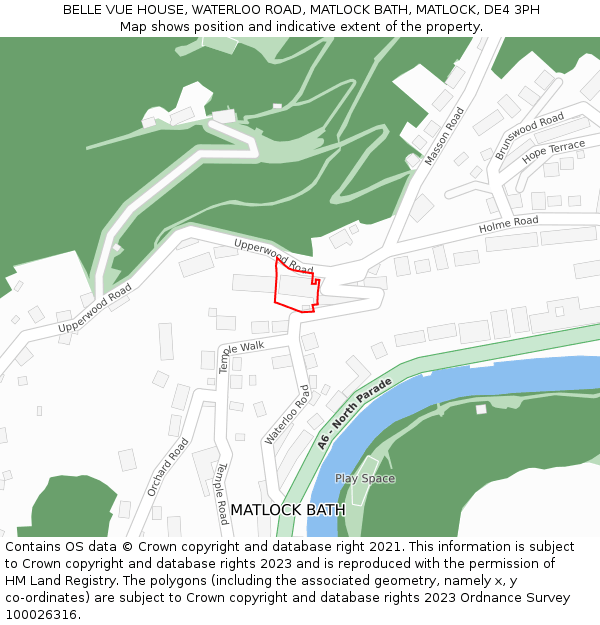 BELLE VUE HOUSE, WATERLOO ROAD, MATLOCK BATH, MATLOCK, DE4 3PH: Location map and indicative extent of plot