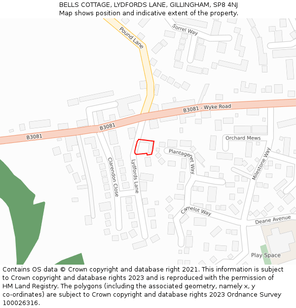 BELLS COTTAGE, LYDFORDS LANE, GILLINGHAM, SP8 4NJ: Location map and indicative extent of plot