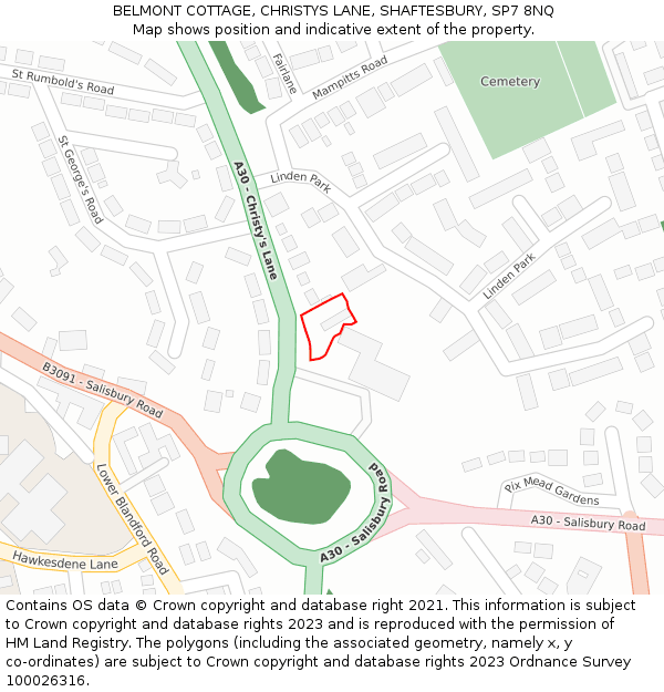 BELMONT COTTAGE, CHRISTYS LANE, SHAFTESBURY, SP7 8NQ: Location map and indicative extent of plot