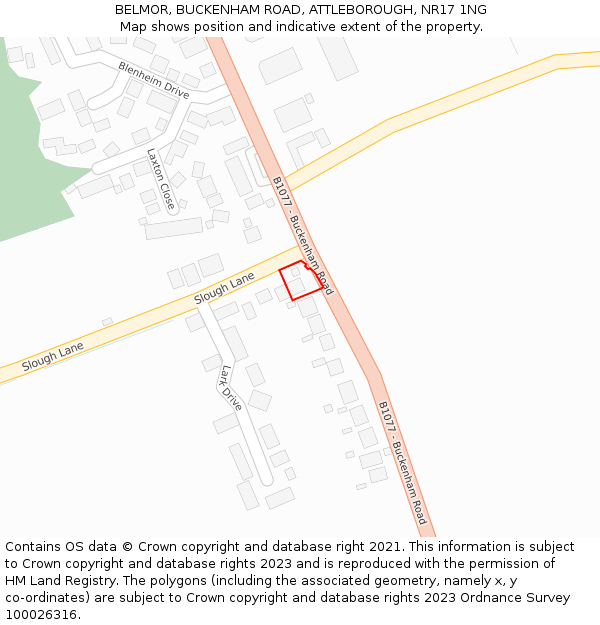 BELMOR, BUCKENHAM ROAD, ATTLEBOROUGH, NR17 1NG: Location map and indicative extent of plot