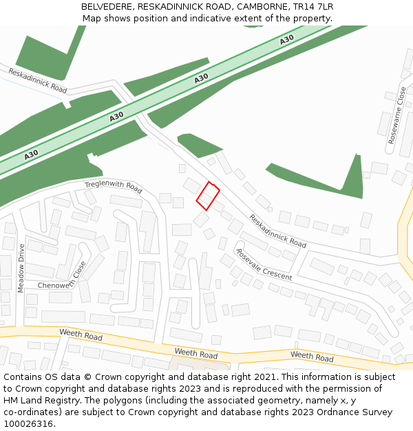 BELVEDERE, RESKADINNICK ROAD, CAMBORNE, TR14 7LR: Location map and indicative extent of plot