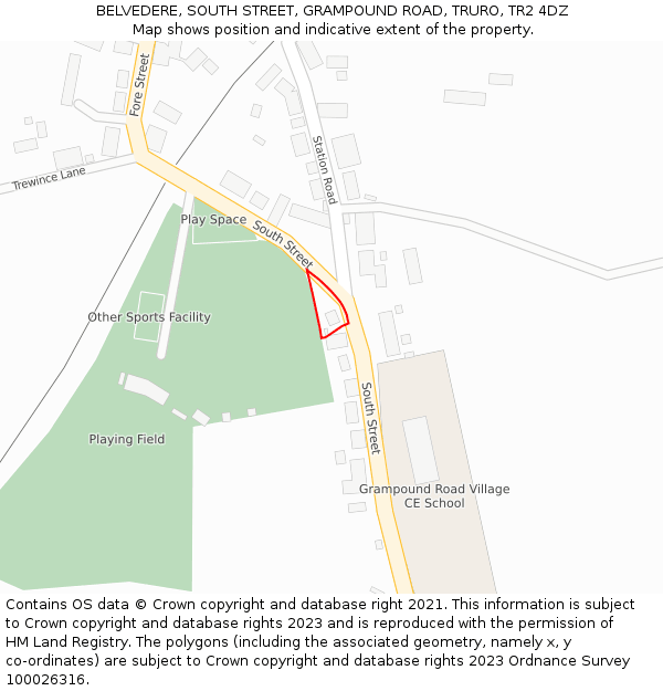 BELVEDERE, SOUTH STREET, GRAMPOUND ROAD, TRURO, TR2 4DZ: Location map and indicative extent of plot