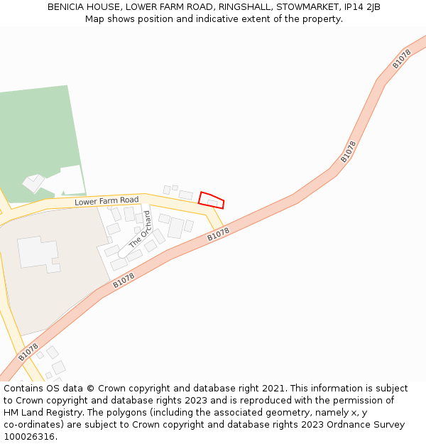 BENICIA HOUSE, LOWER FARM ROAD, RINGSHALL, STOWMARKET, IP14 2JB: Location map and indicative extent of plot
