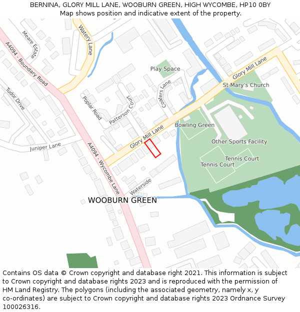 BERNINA, GLORY MILL LANE, WOOBURN GREEN, HIGH WYCOMBE, HP10 0BY: Location map and indicative extent of plot