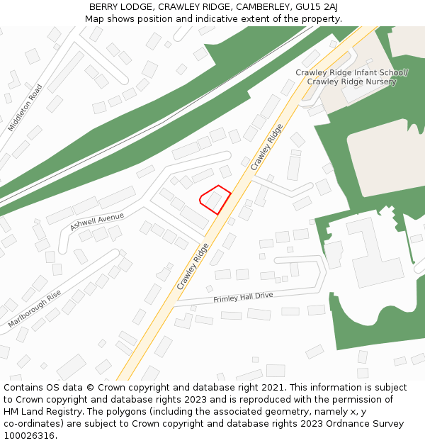 BERRY LODGE, CRAWLEY RIDGE, CAMBERLEY, GU15 2AJ: Location map and indicative extent of plot