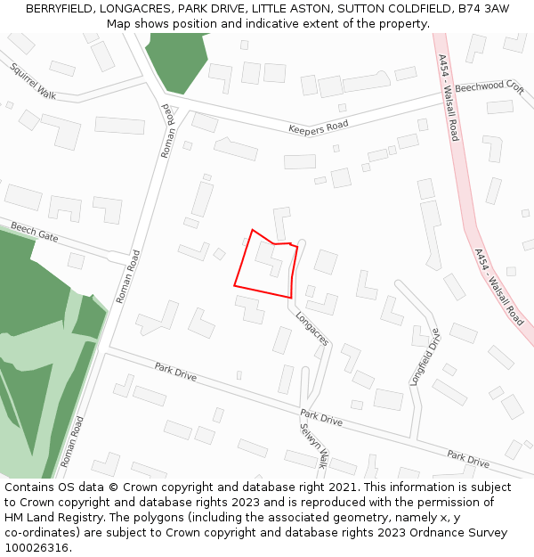 BERRYFIELD, LONGACRES, PARK DRIVE, LITTLE ASTON, SUTTON COLDFIELD, B74 3AW: Location map and indicative extent of plot
