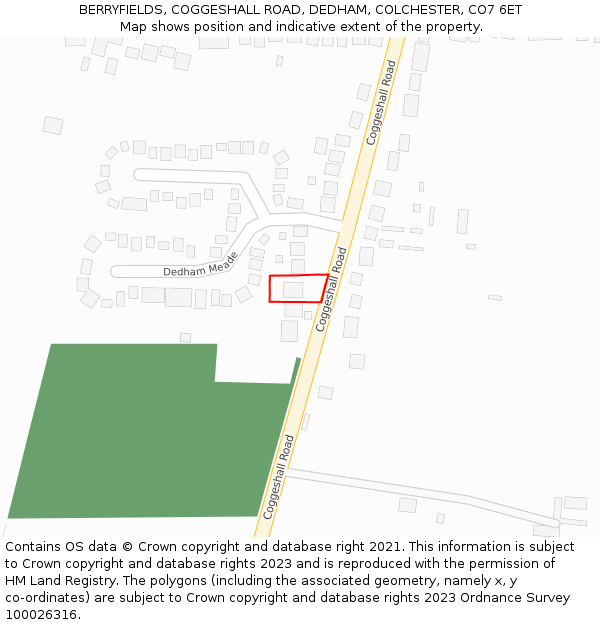 BERRYFIELDS, COGGESHALL ROAD, DEDHAM, COLCHESTER, CO7 6ET: Location map and indicative extent of plot