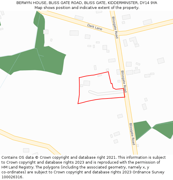 BERWYN HOUSE, BLISS GATE ROAD, BLISS GATE, KIDDERMINSTER, DY14 9YA: Location map and indicative extent of plot