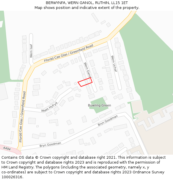BERWYNFA, WERN GANOL, RUTHIN, LL15 1ET: Location map and indicative extent of plot