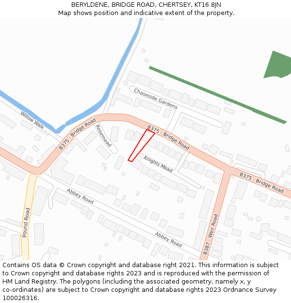 BERYLDENE, BRIDGE ROAD, CHERTSEY, KT16 8JN: Location map and indicative extent of plot